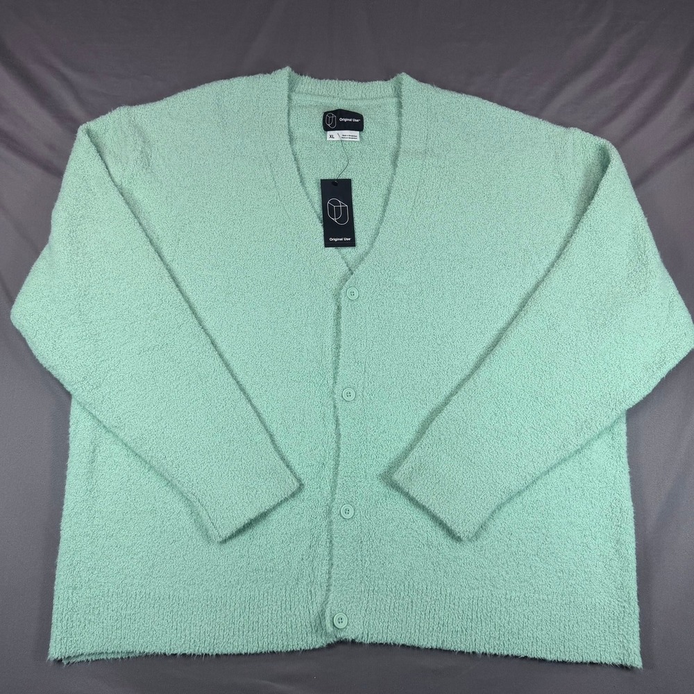 Original Use Mens XL Mint Green Nylon Fuzzy Eyelash Knit V-Neck Button Cardigan